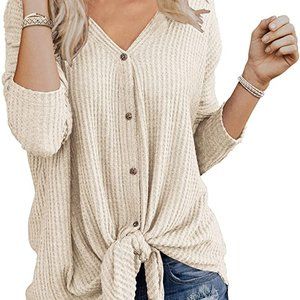 Women's Waffle Knit Blouse Tie Knot Henley Tops Loose Fitting Bat Wing